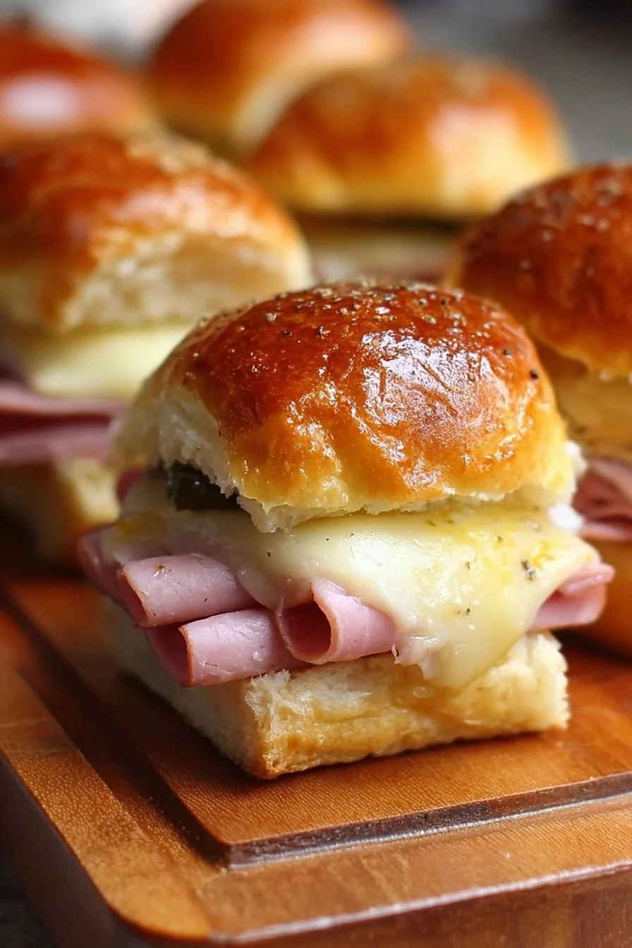 Ham and Swiss sliders served on a platter with toppings