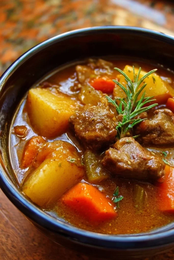 A bowl of hearty beef stew with vegetables and herbs