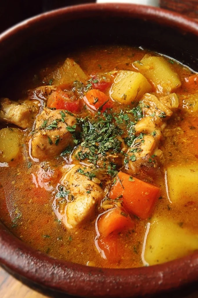 Delicious bowl of hearty chicken stew with vegetables and herbs