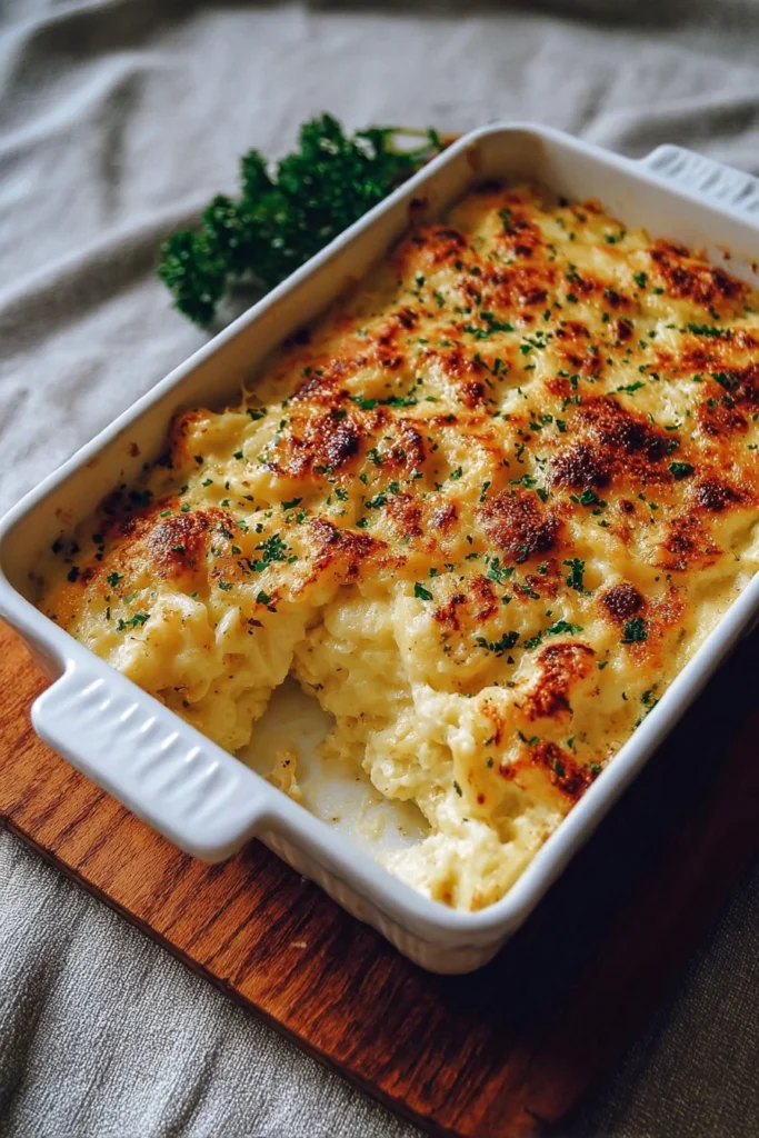 High protein Alfredo bake garnished with herbs in a baking dish