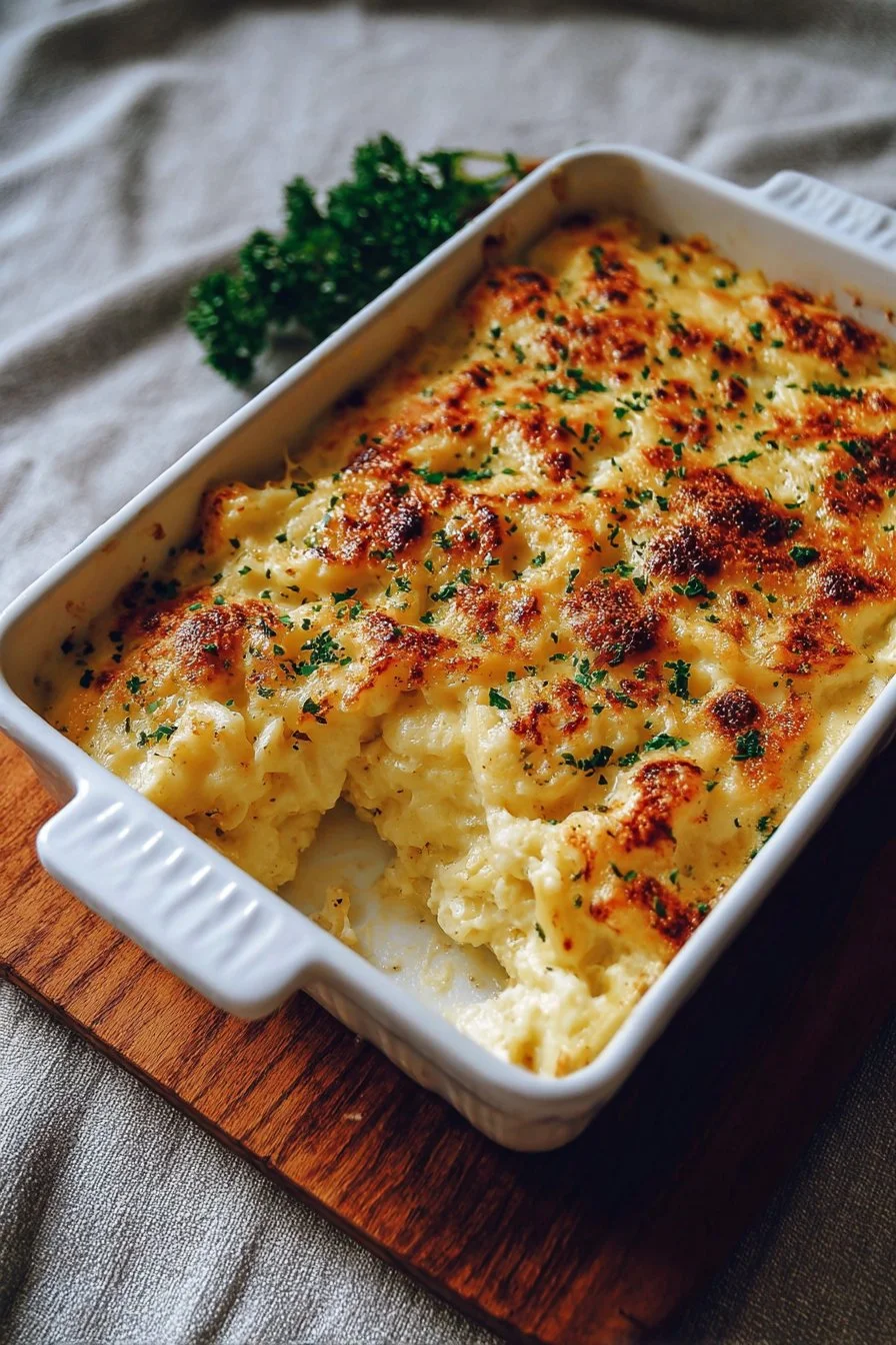 High protein Alfredo bake garnished with herbs in a baking dish