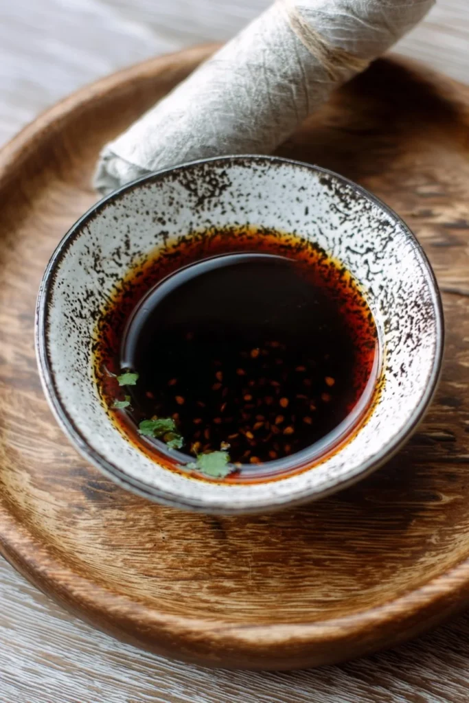 Hoisin and soy dipping sauce in a small bowl with fresh ingredients around.