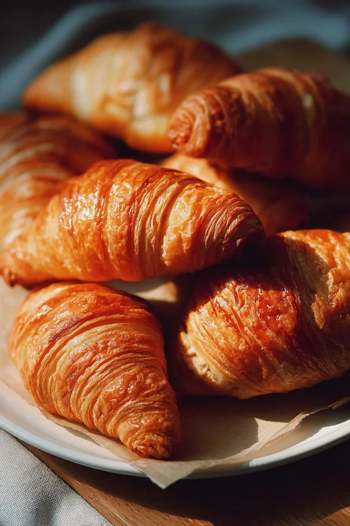 Freshly baked homemade croissants with golden flaky layers on a wooden board.
