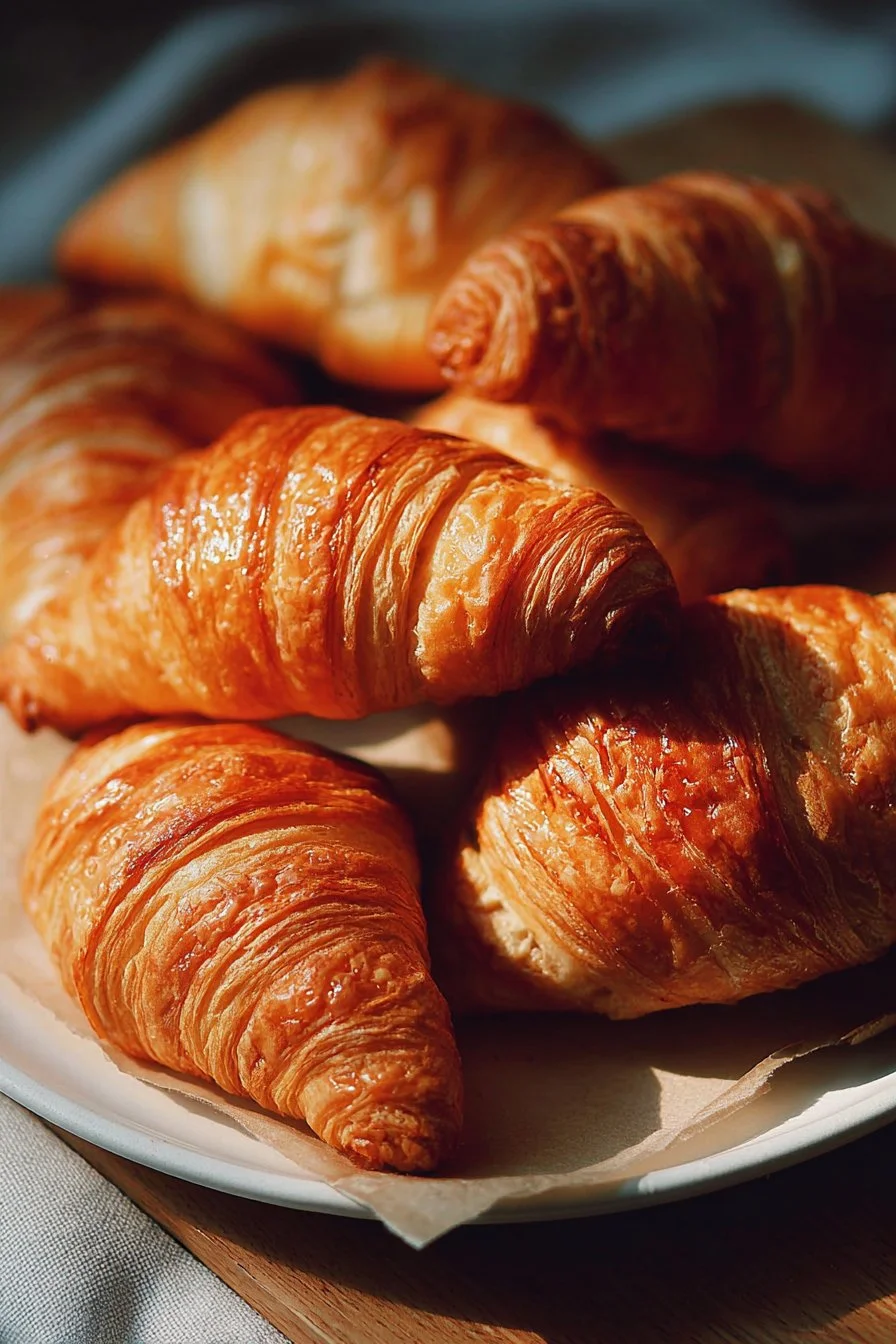Freshly baked homemade croissants with golden flaky layers on a wooden board.