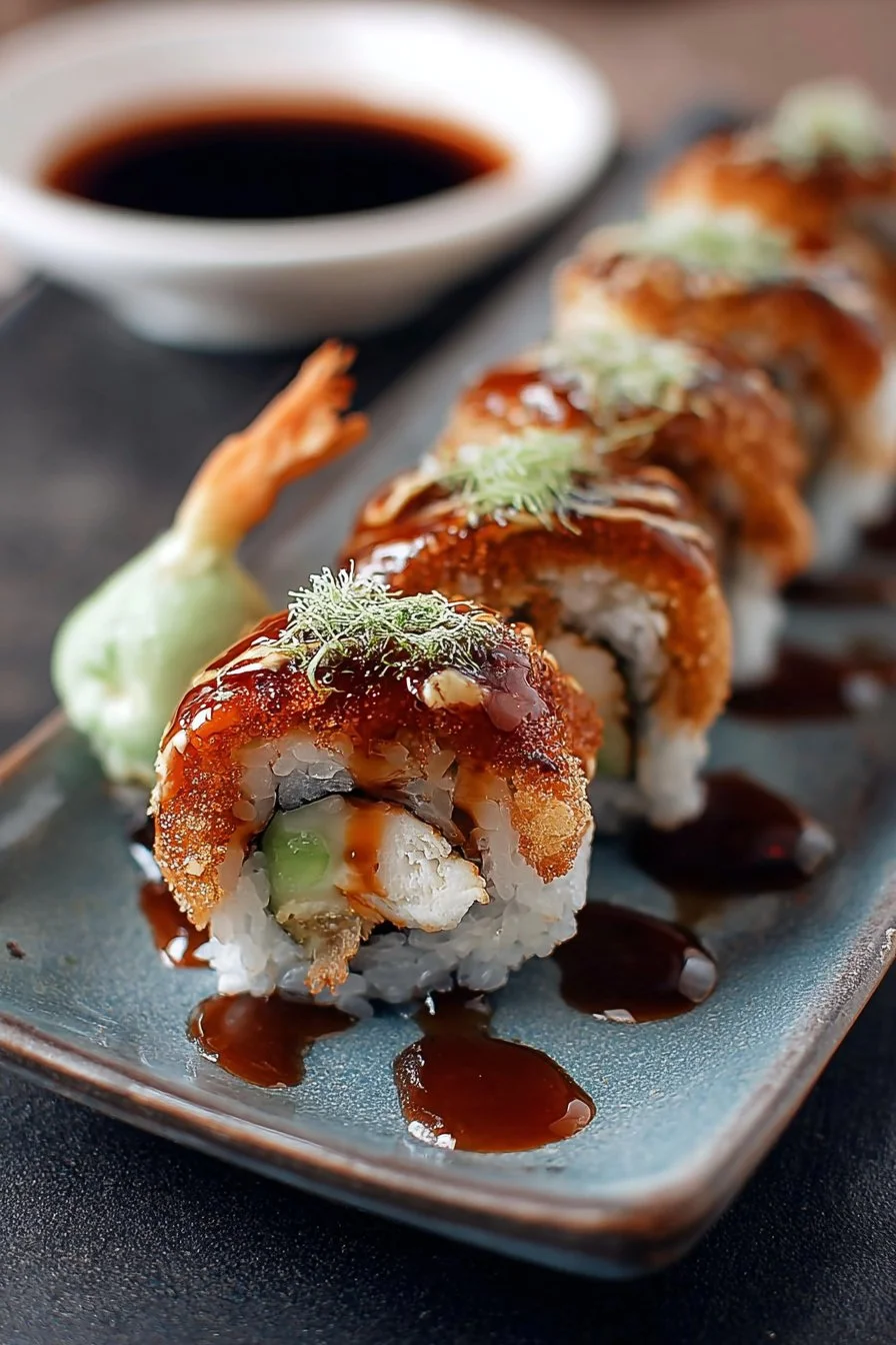 Homemade Dragon Rolls with avocado and eel drizzled with sauce