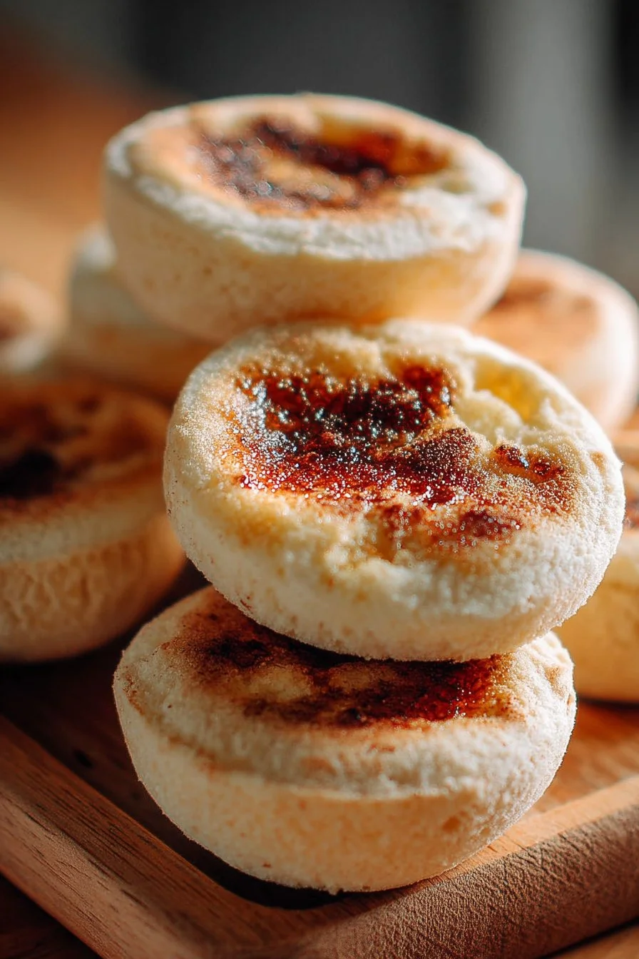 Homemade English muffins freshly baked on a kitchen counter