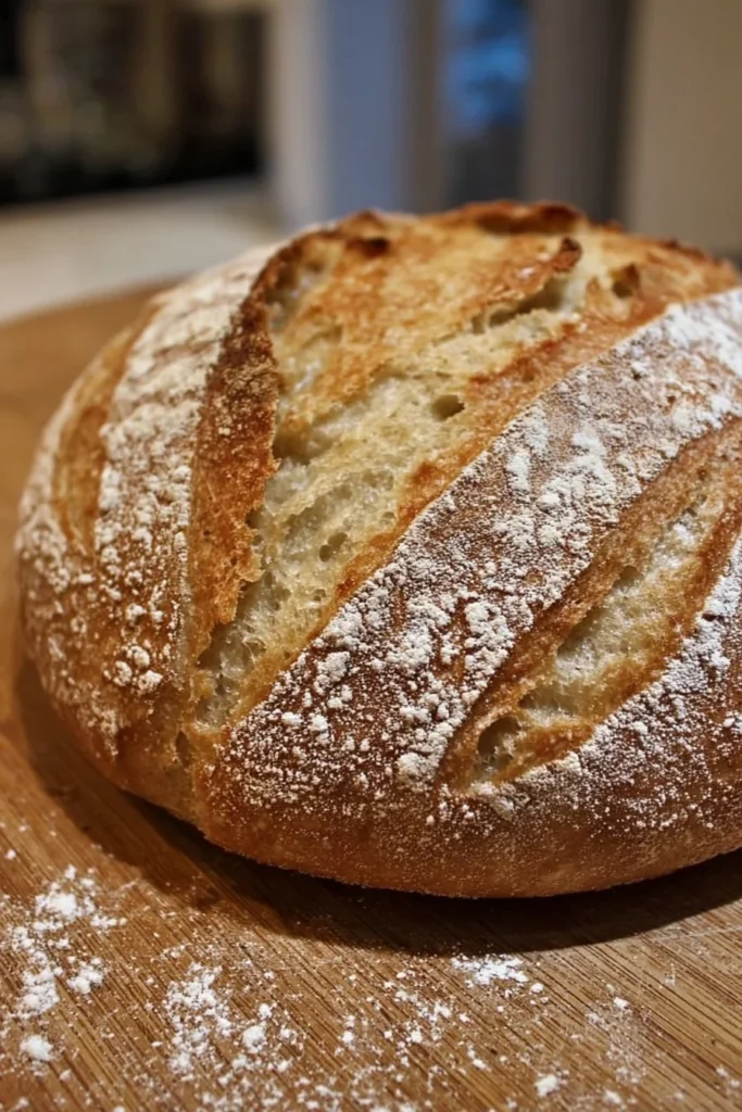 Freshly baked homemade sourdough loaf on a wooden table