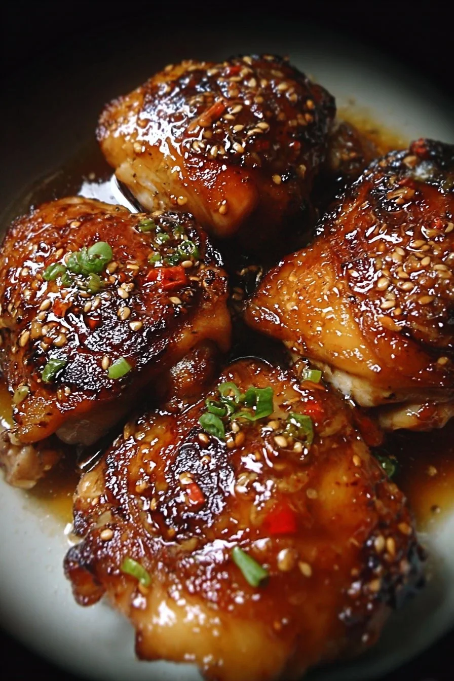 Delicious honey garlic chicken thighs served on a plate with herbs.