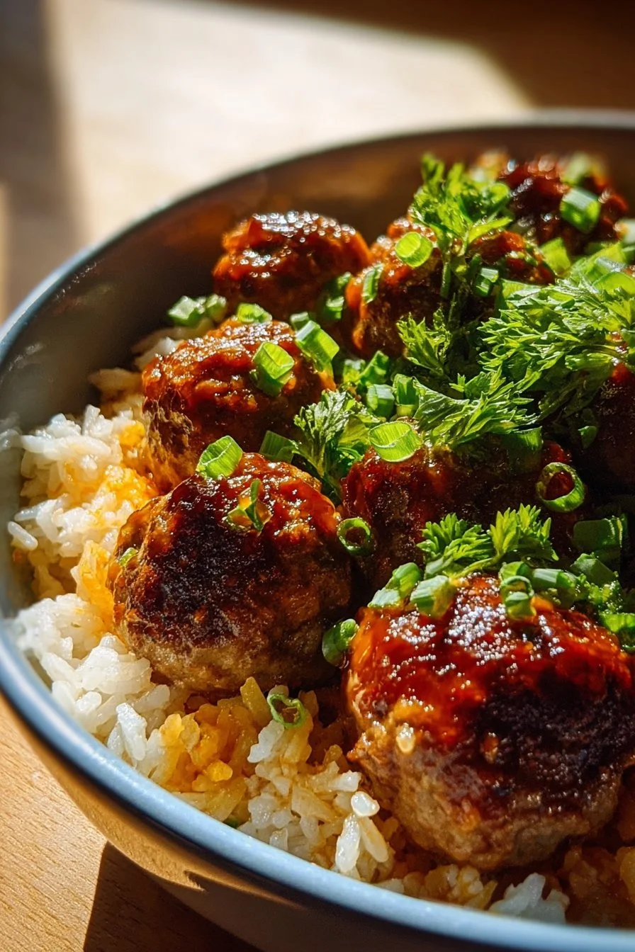 Honey Garlic Meatball Rice Bake