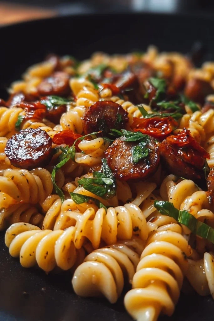 Honey Garlic Sausage Pasta Skillet topped with fresh herbs in a skillet.
