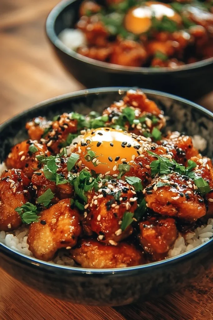Delicious hot honey chicken bowl topped with fresh vegetables and sauces