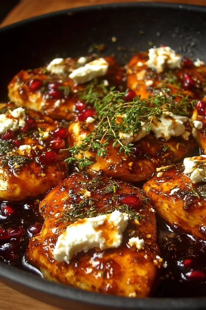 Delicious hot honey feta chicken garnished with herbs and served on a plate.