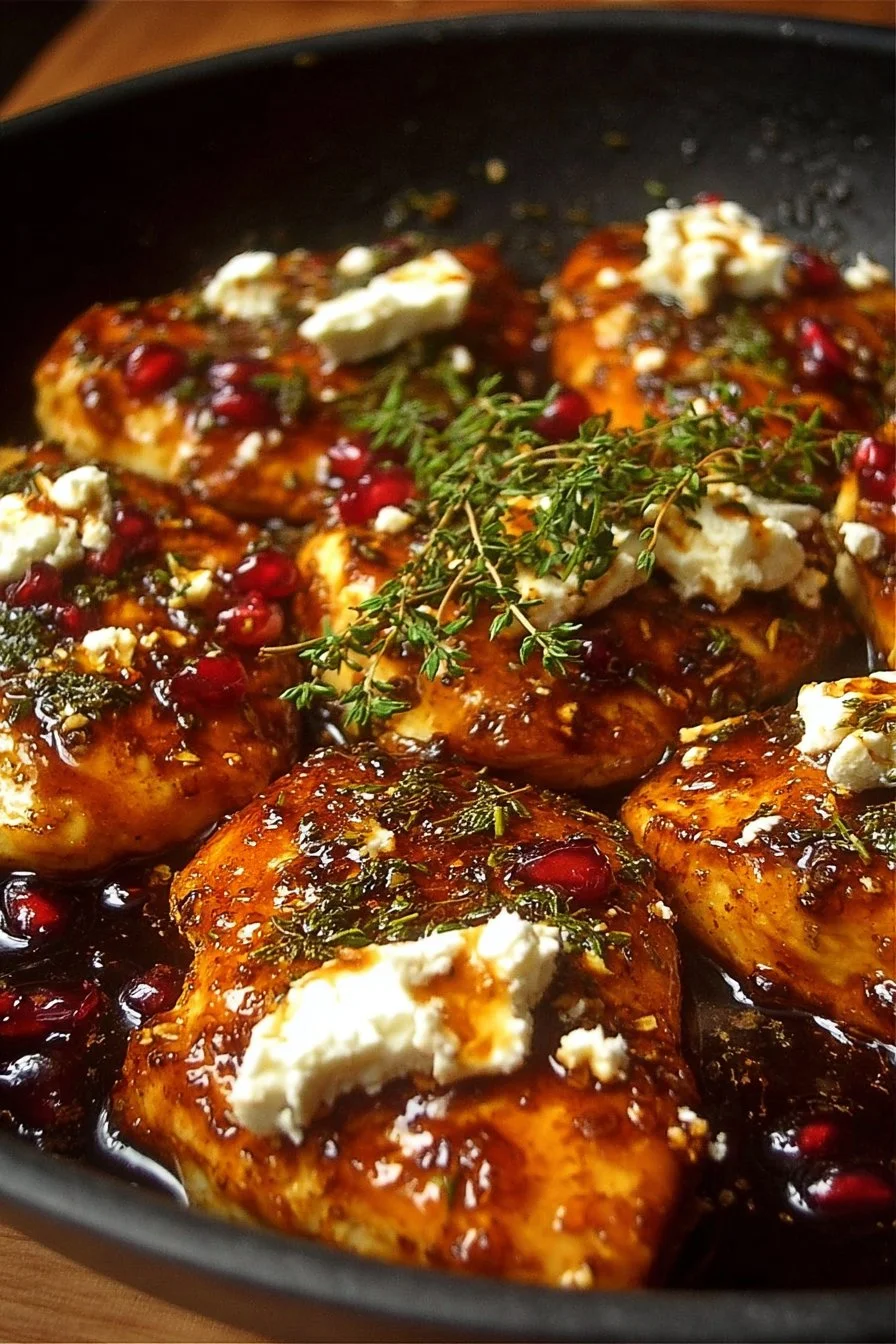 Delicious hot honey feta chicken garnished with herbs and served on a plate.
