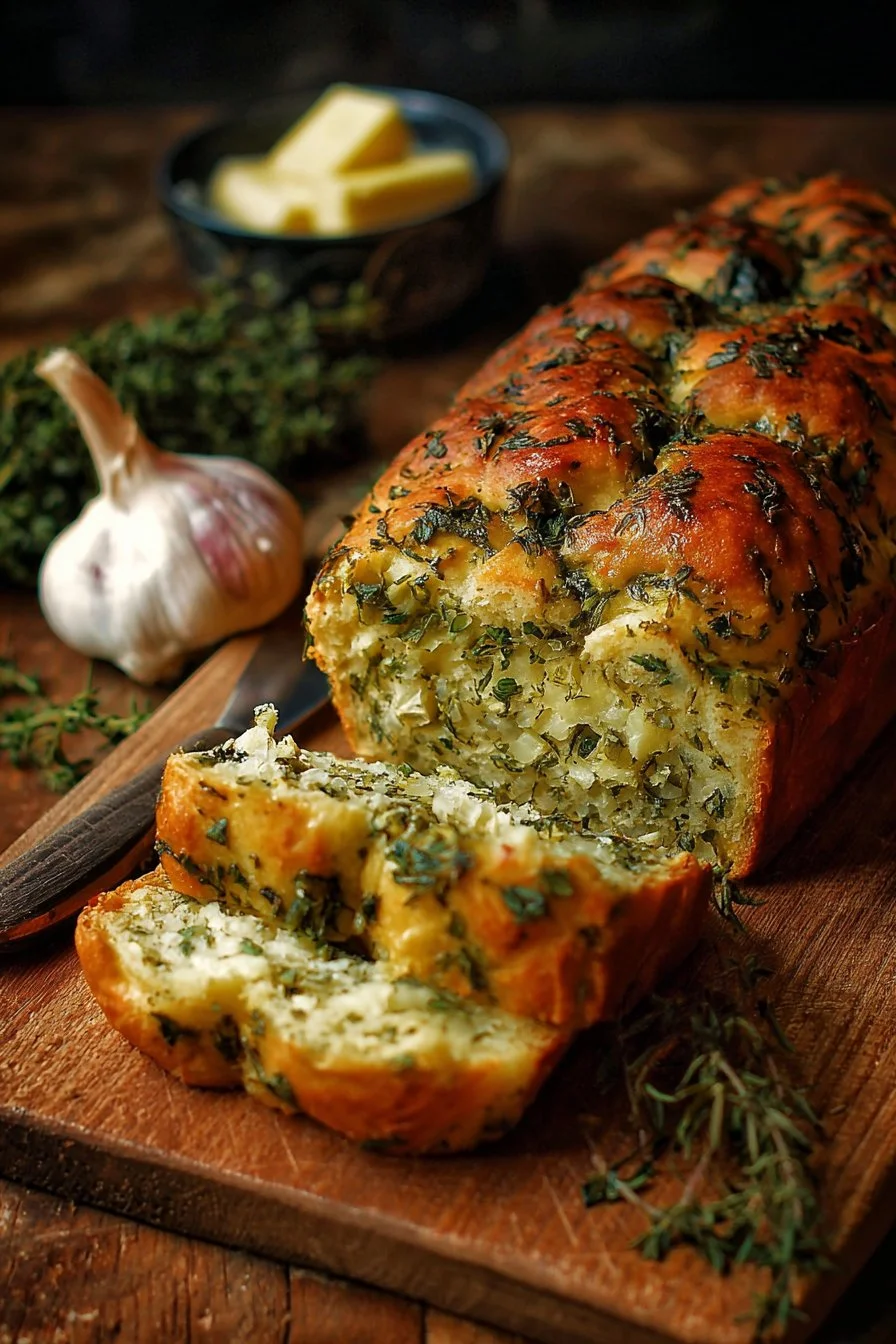 Freshly baked Italian herbs and cheese bread loaf.