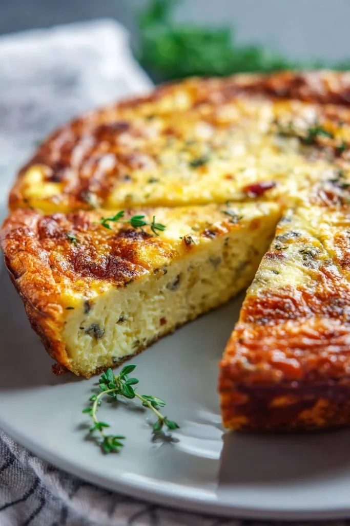 Delicious Keto Crustless Quiche topped with fresh herbs and vegetables.