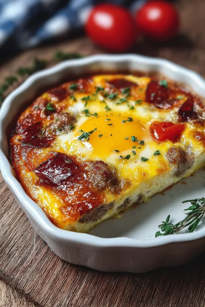 Delicious Keto Sausage Egg Bake served in a dish
