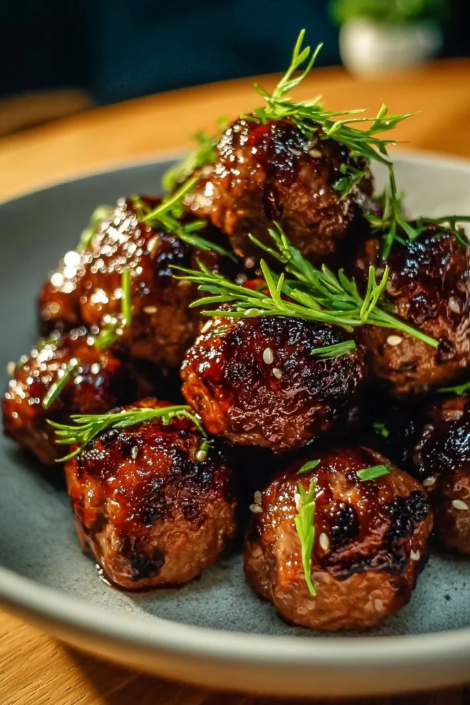 Korean BBQ meatballs served on a platter with dipping sauce