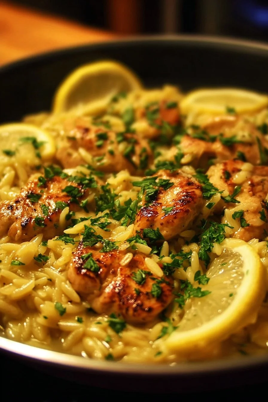 Lemon garlic chicken served with orzo pasta in a vibrant dish