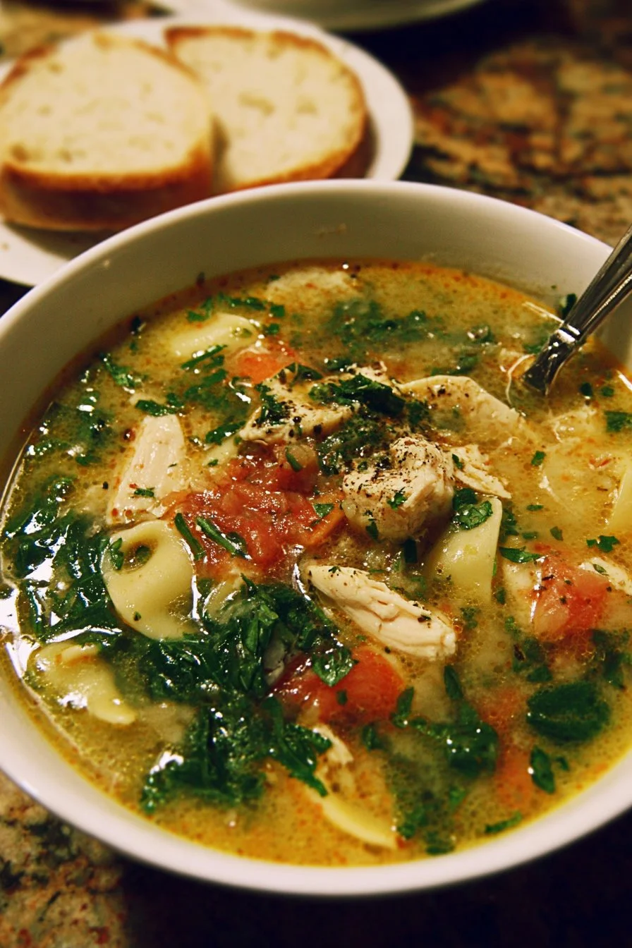 Bowl of Marry Me Tuscan Chicken Soup garnished with herbs and parmesan cheese.
