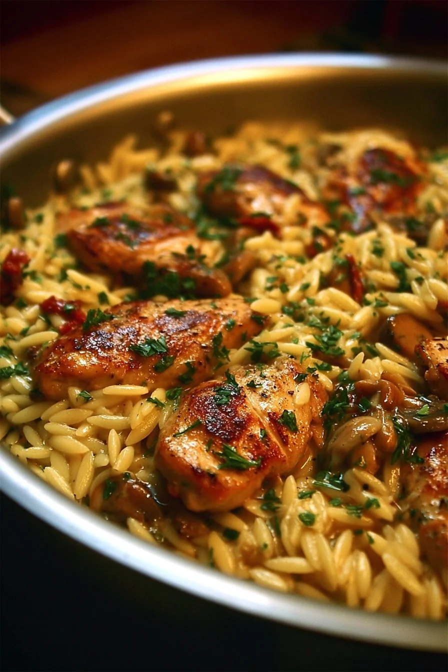 Plate of Marsala Chicken Orzo with herbs and mushrooms