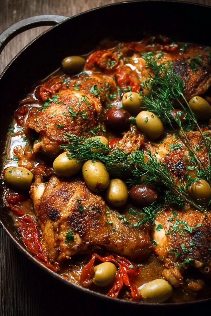 Mediterranean Braised Chicken with Dates and Olives cooked in a flavorful sauce