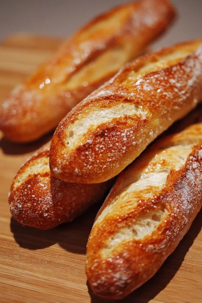 Freshly baked mini baguettes displayed on a wooden board