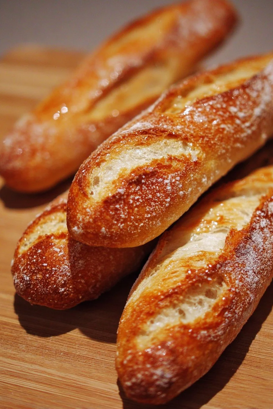 Freshly baked mini baguettes displayed on a wooden board