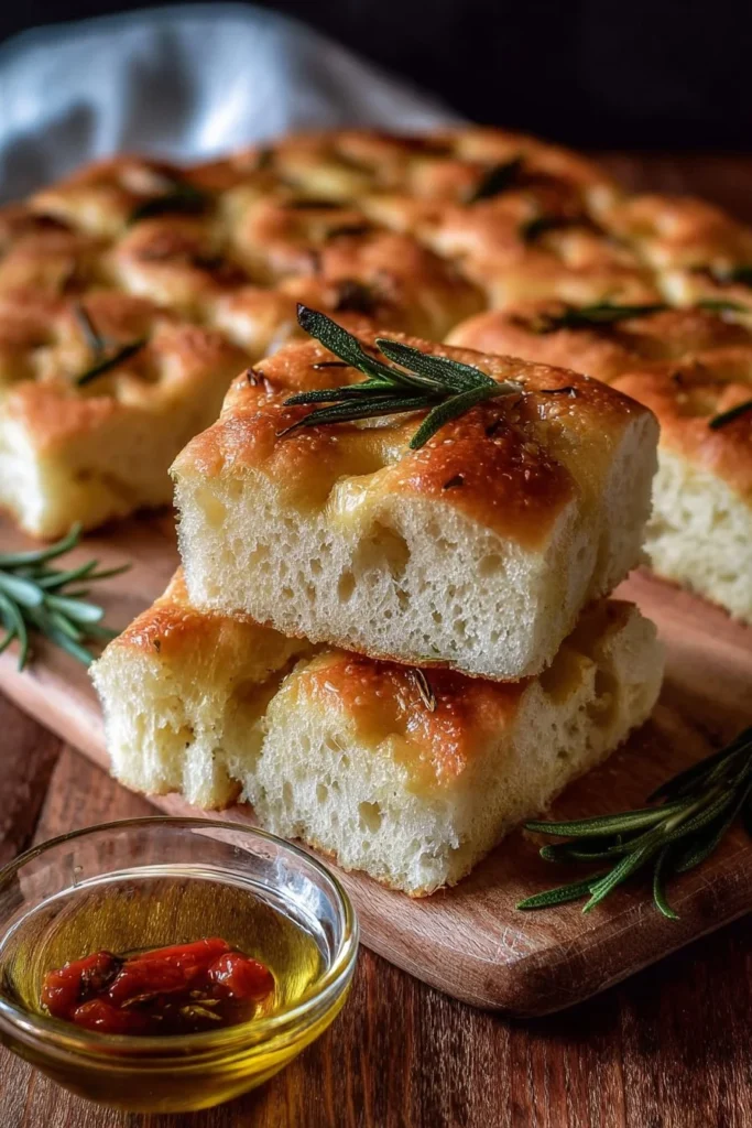 Mini No-Knead Focaccia topped with fresh herbs and olive oil