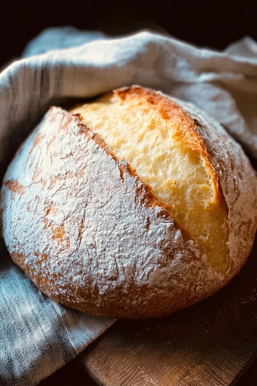 Freshly baked no-fail sourdough bread with a golden crust and soft interior.