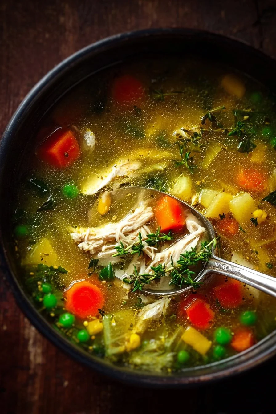 Bowl of nourishing chicken vegetable soup filled with vibrant veggies and tender chicken.