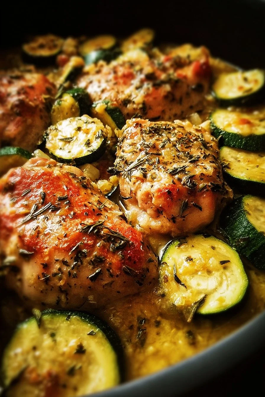 One-Pan Baked Chicken with Zucchini dish served on a plate, garnished with herbs