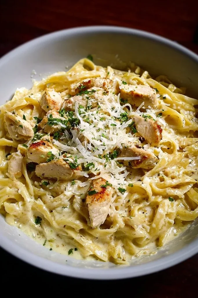 One-Pot Chicken Alfredo Pasta served in a bowl with garnishes