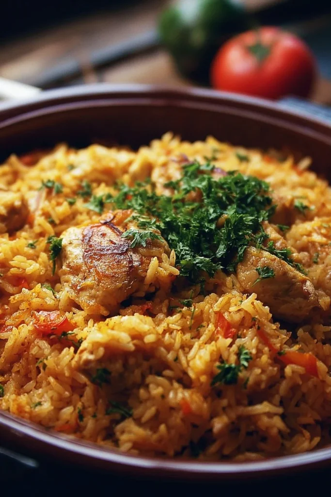 Delicious one-pot chicken and rice dish served with fresh herbs.