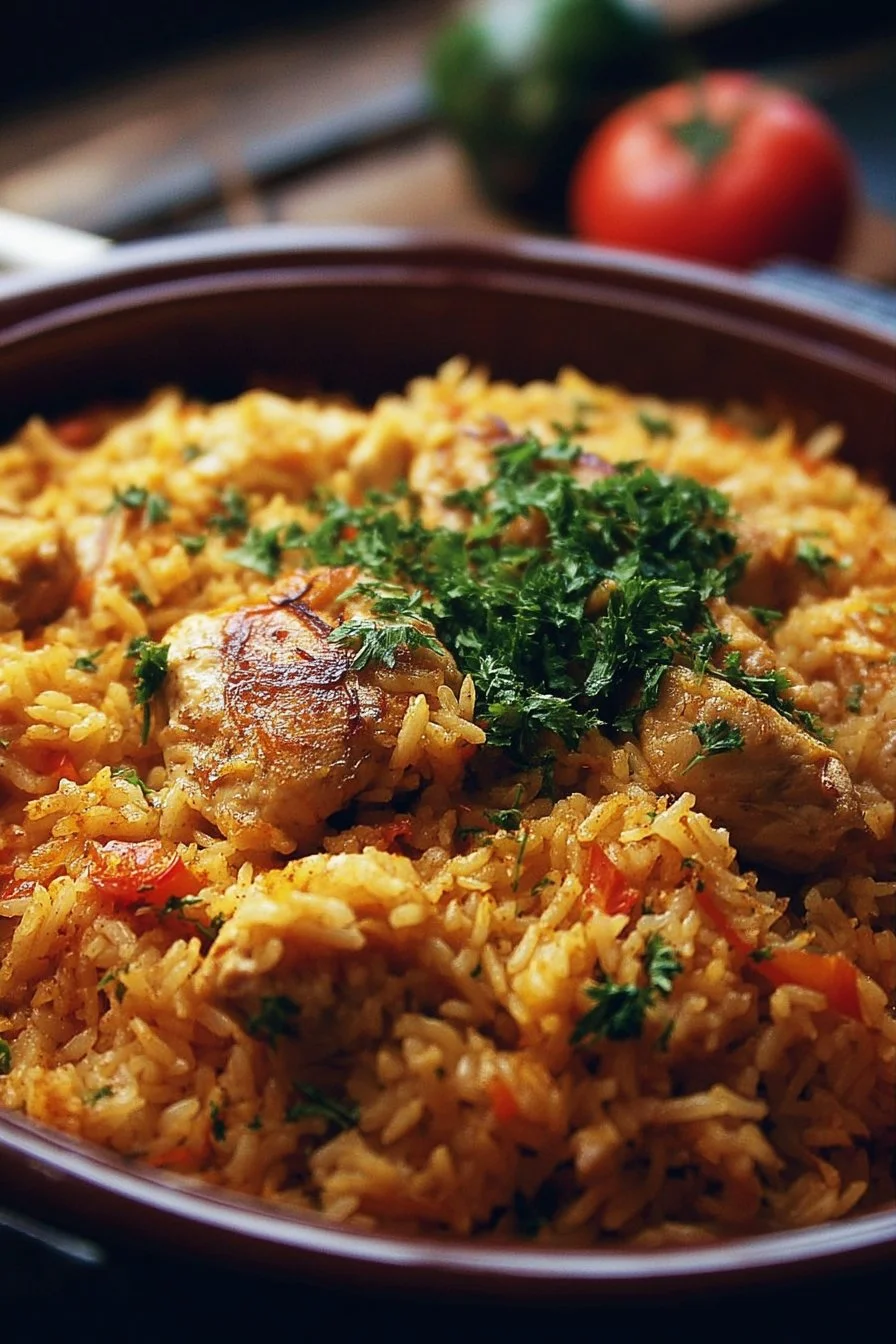 Delicious one-pot chicken and rice dish served with fresh herbs.