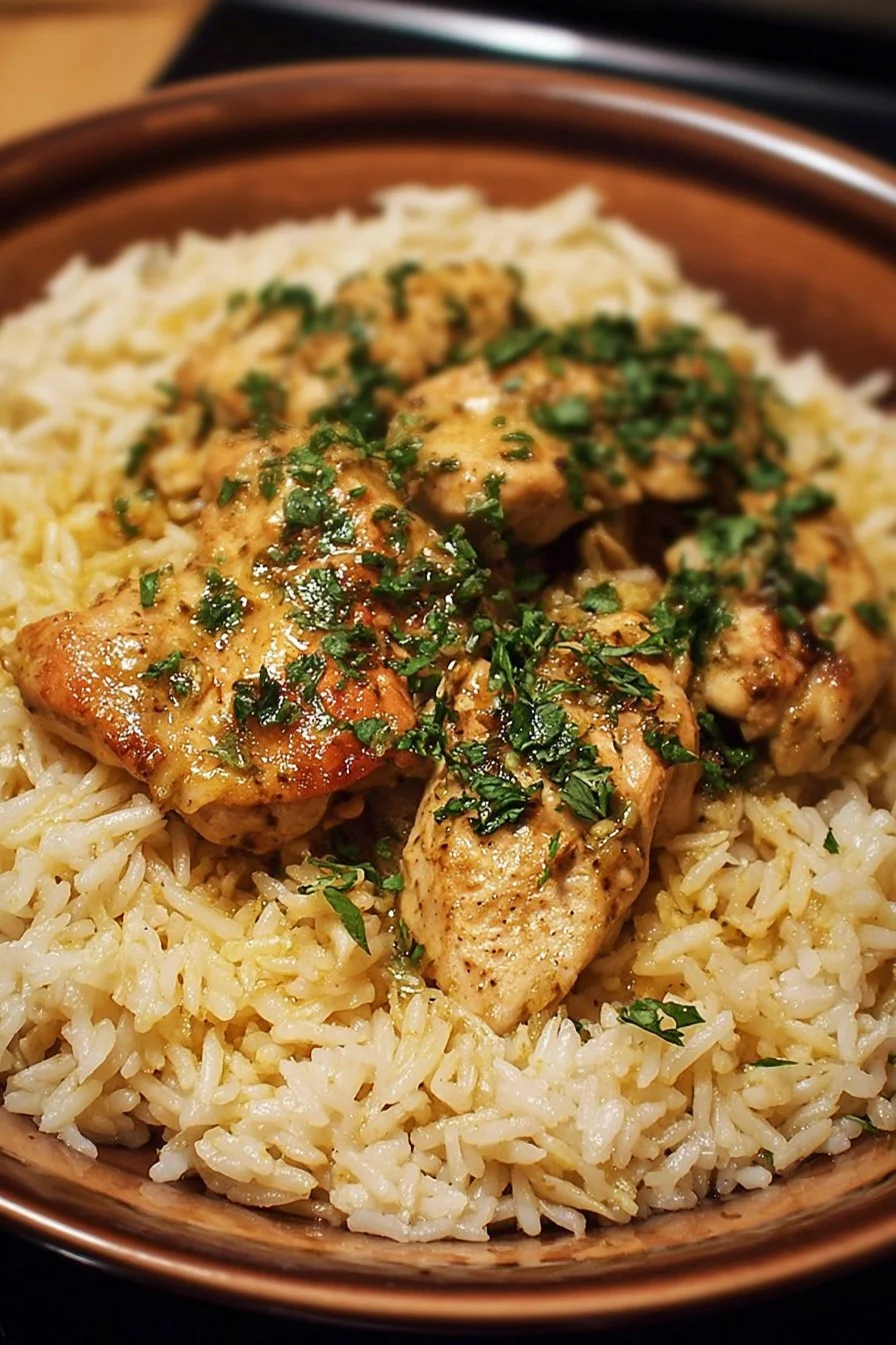 One-Pot Garlic Butter Chicken and Rice dish served with a garnish of herbs