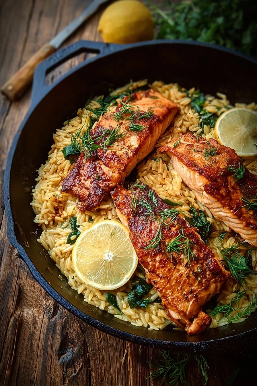 One skillet salmon served with lemon orzo on a plate