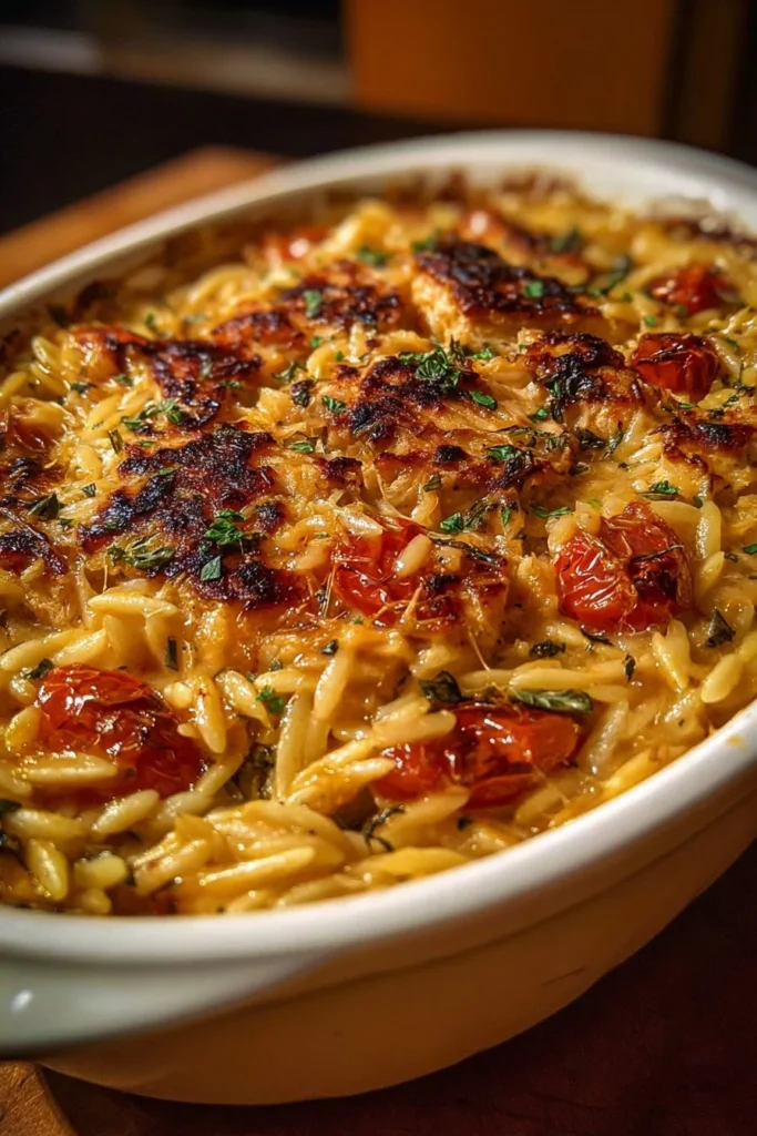 Orzo Tuscan Chicken Bake with fresh herbs and colorful vegetables