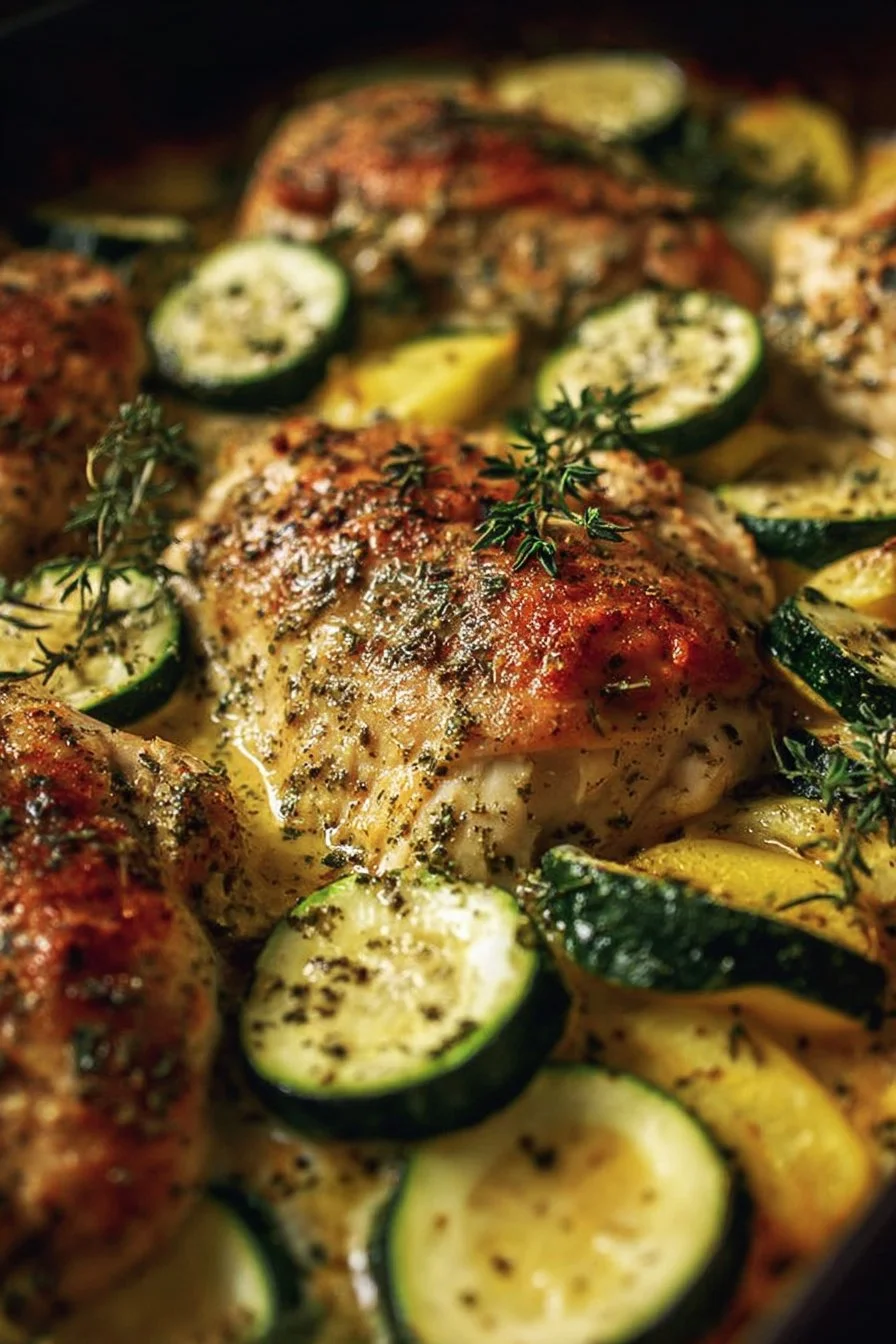 Delicious oven-baked chicken with zucchini on a plate.