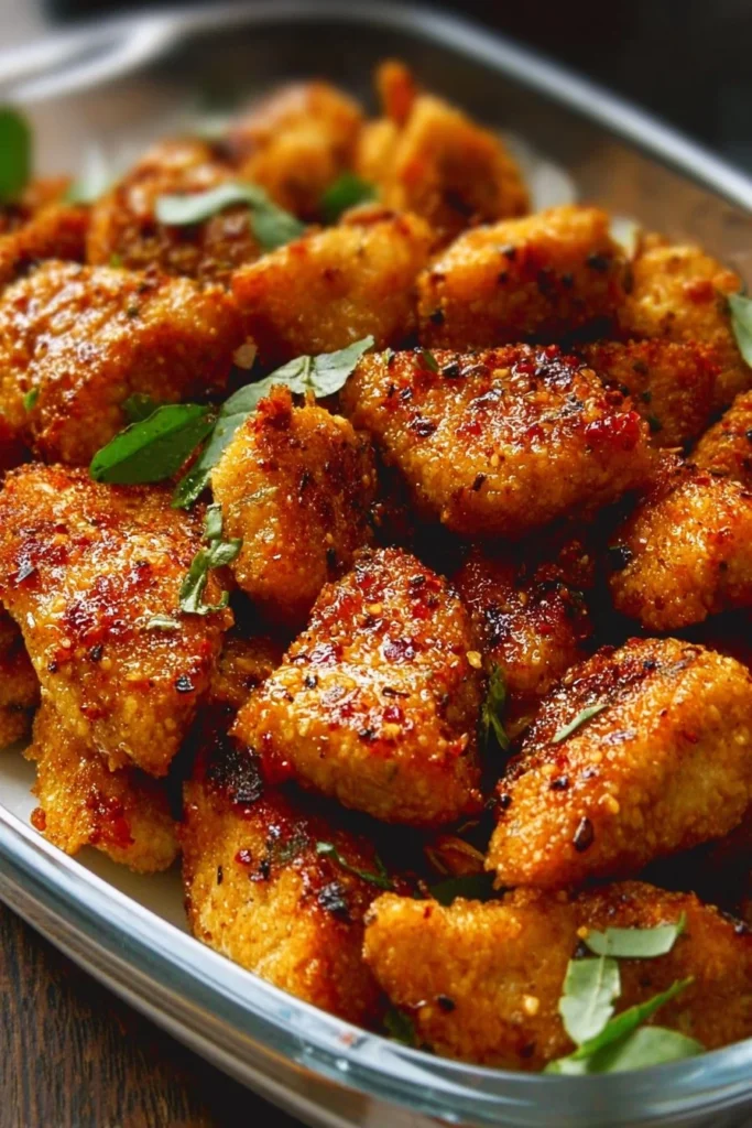 Delicious oven-baked chicken bites ready to be served.