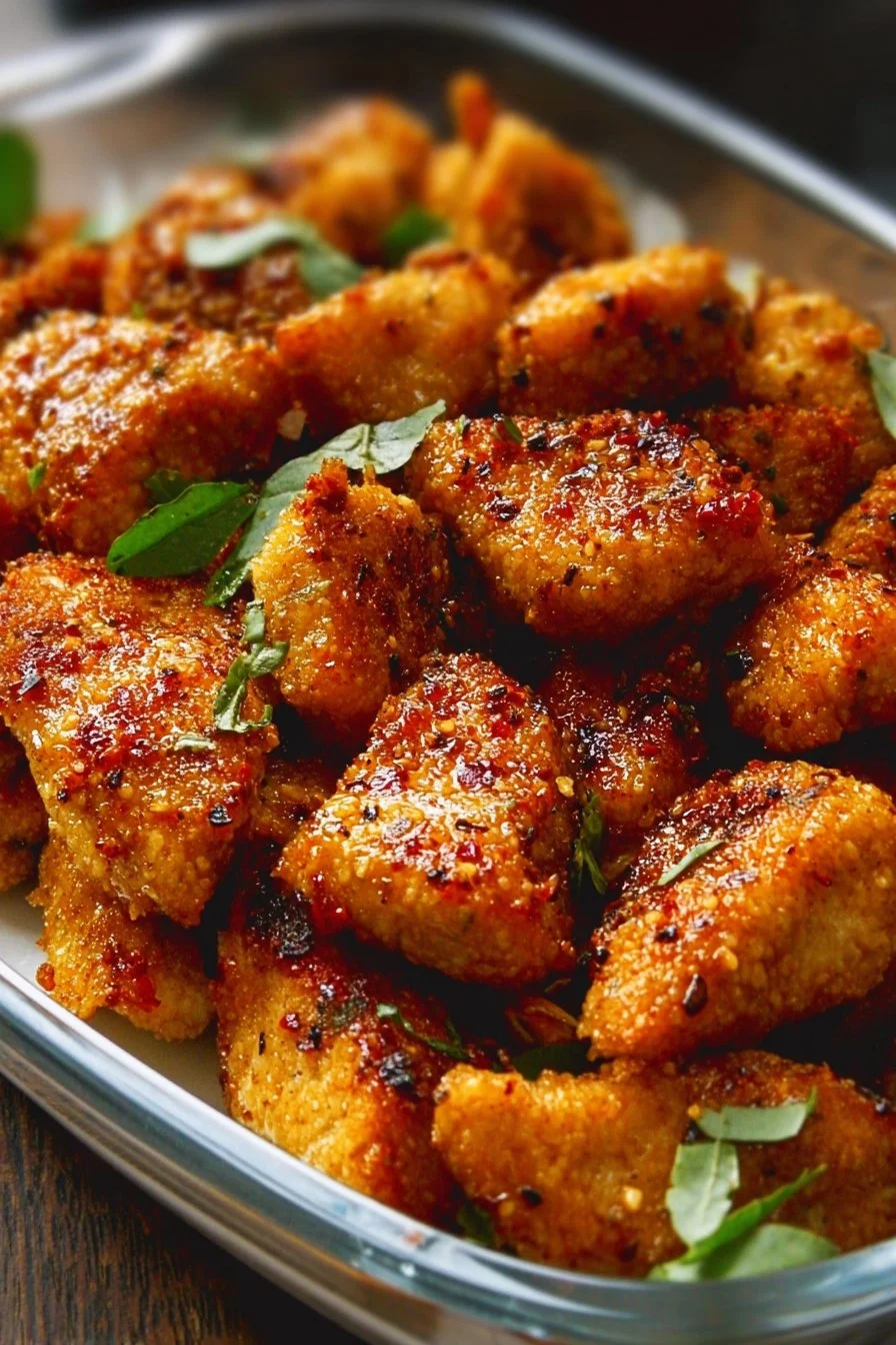 Delicious oven-baked chicken bites ready to be served.
