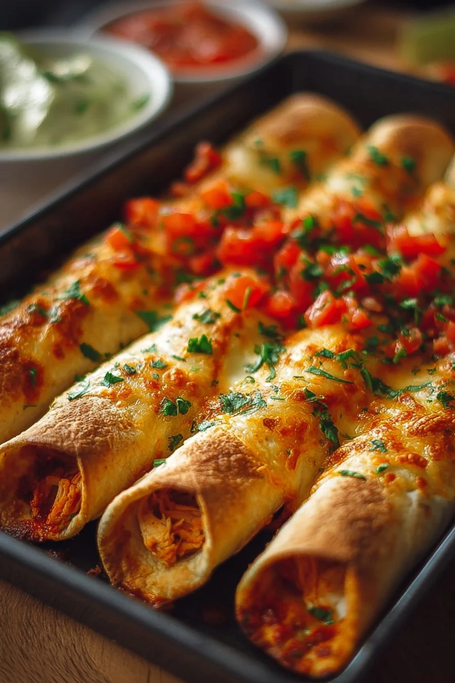 Oven-baked chicken taquitos with cheese and herbs, served on a plate.