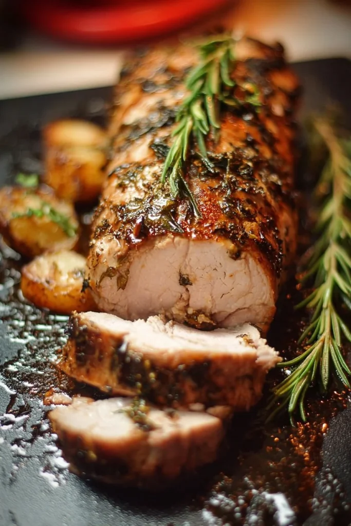 Oven-baked pork tenderloin garnished and ready to serve.