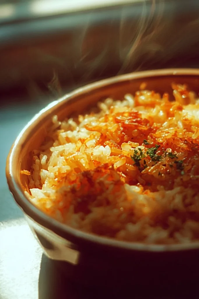 Delicious oven-baked rice dish served in a bowl with green herbs