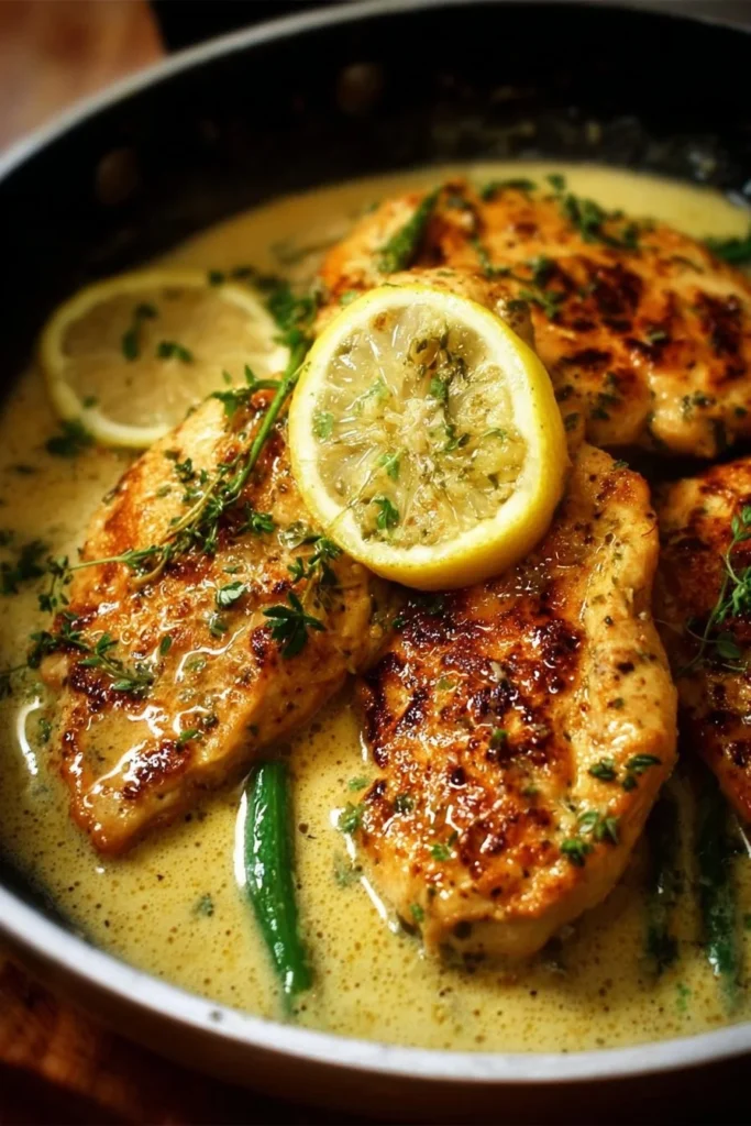 Pan-seared chicken breast with garlic-lemon sauce served on a plate