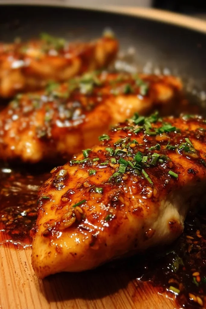 Pan-seared honey garlic chicken breasts served with a side of vegetables
