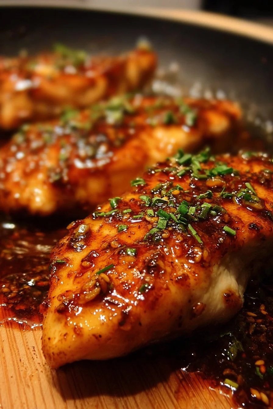 Pan-seared honey garlic chicken breasts served with a side of vegetables