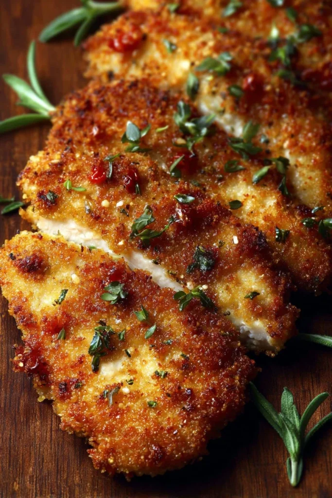 Deliciously baked Parmesan-Crusted Chicken served with fresh herbs.
