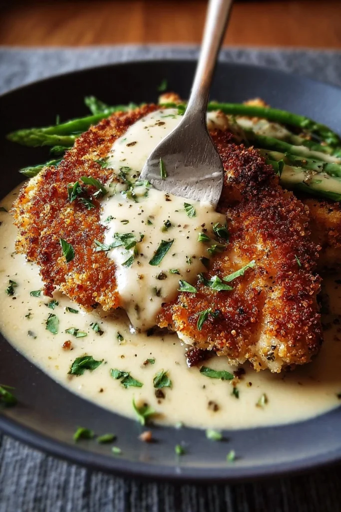 Parmesan-Crusted Chicken with Garlic Cream Sauce on a plate