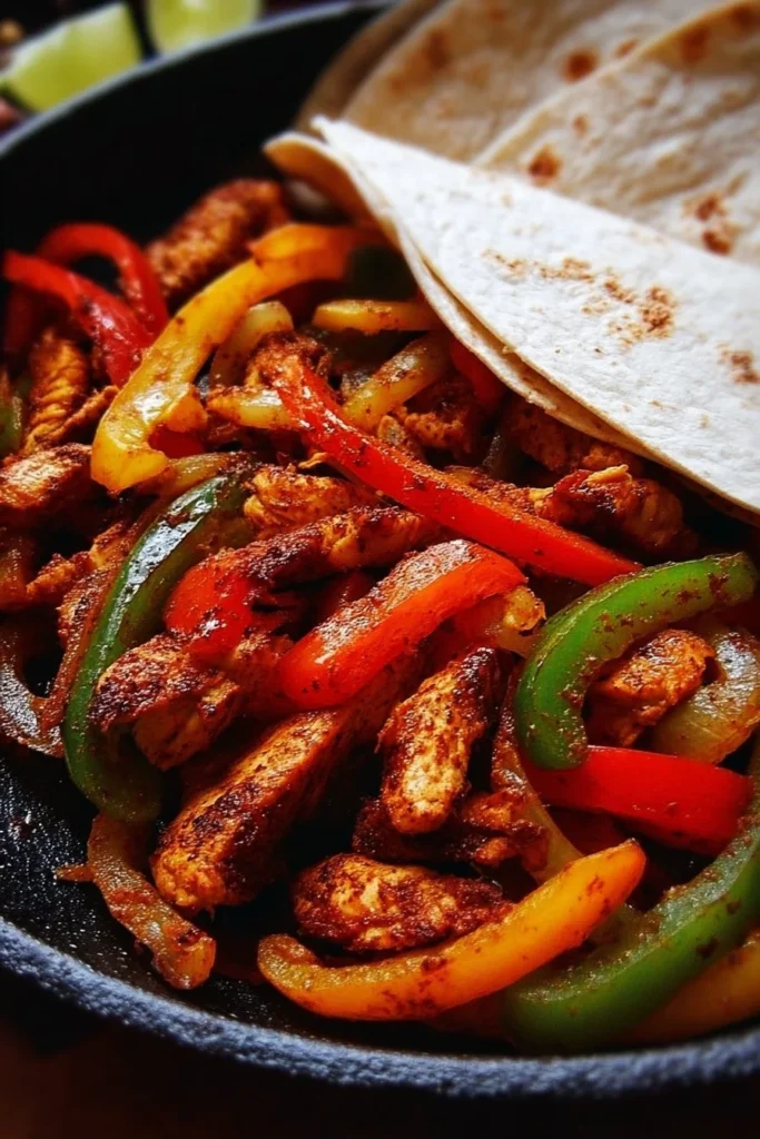 Plate of quick and juicy chicken fajitas with colorful peppers and onions