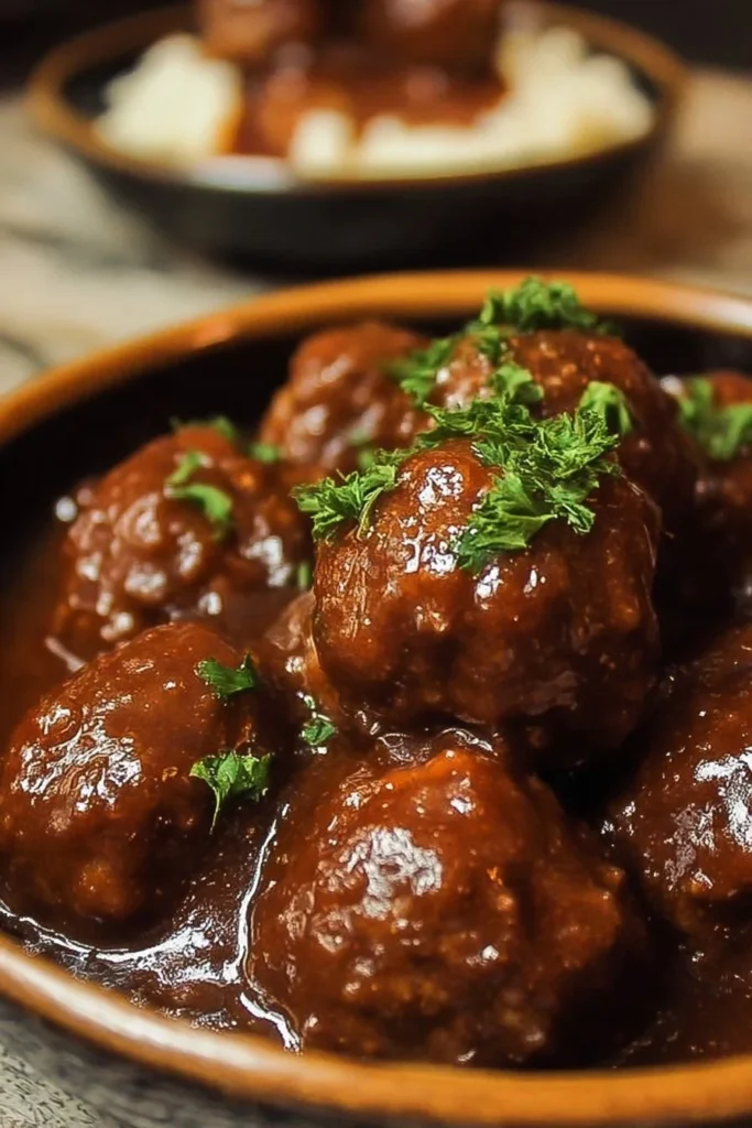 Delicious Salisbury Steak Meatballs cooked in a slow cooker with savory gravy